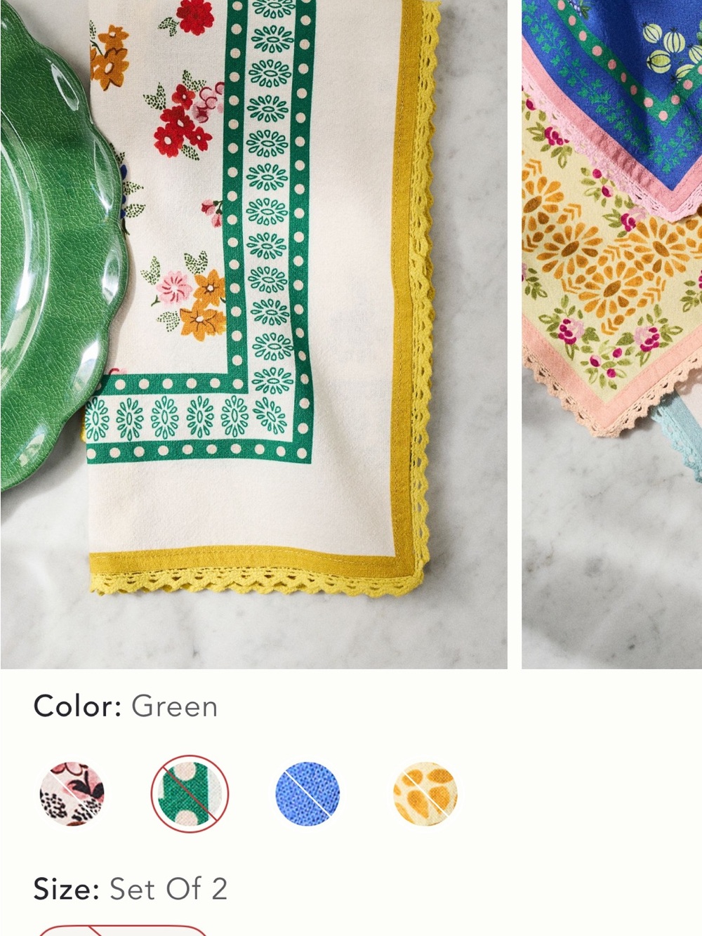 Anthropologie Meili Green Cotton Napkins with Yellow Trim (set of 2)